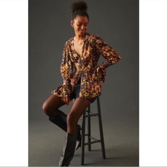 ANTHROPOLOGIE Croset Black Floral Deep V Neck Button Blouse Tunic XS NWT - Picture 3 of 11